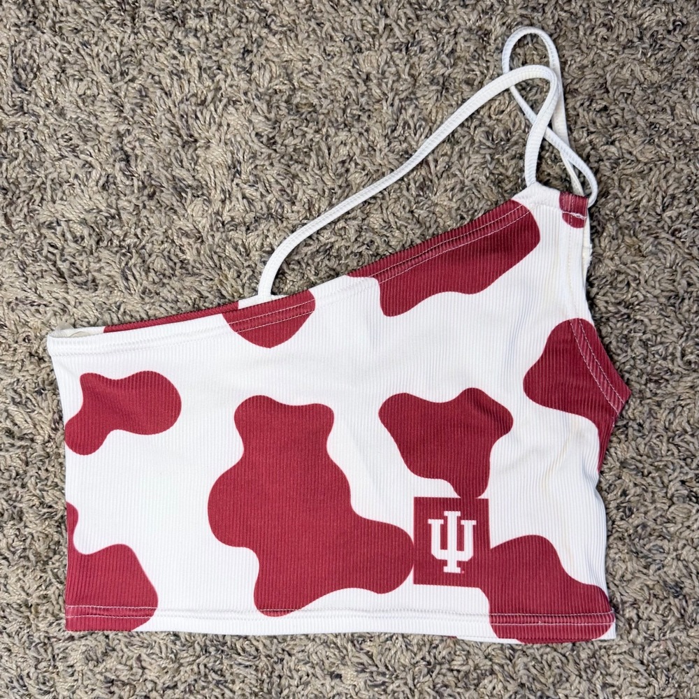 Zoozatz Indiana University Hoosiers Cow Print One Shoulder Crop Top Red White S